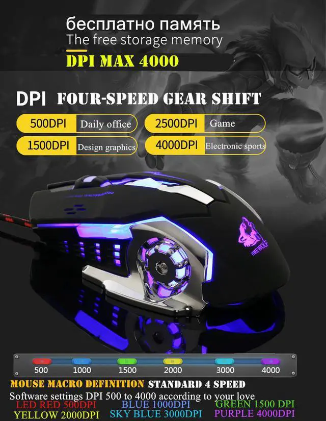 Alt view image 4 of 7 - LUOMs Free wolf V5 Wired Gaming Mouse 4000 DPI Optical 6 Buttons Rechargeable Ergonomic