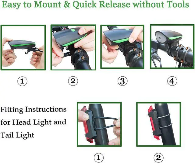 Alt view image 6 of 7 - Super Bright Bike Light Set USB Rechargeable Headlight + Taillight with a Horn Waterproof LED Bicycle Light Easy to Install Cycling Safety Best for Mountain Road, Kids and City Bicycle-Green