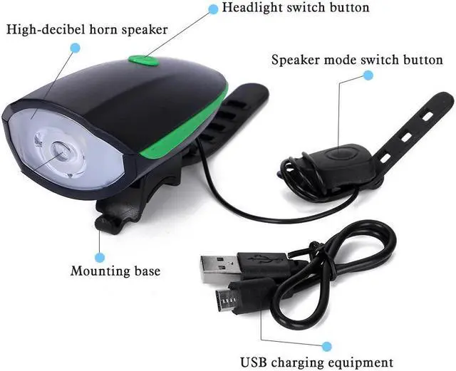 Alt view image 3 of 7 - Super Bright Bike Light Set USB Rechargeable Headlight + Taillight with a Horn Waterproof LED Bicycle Light Easy to Install Cycling Safety Best for Mountain Road, Kids and City Bicycle-Green