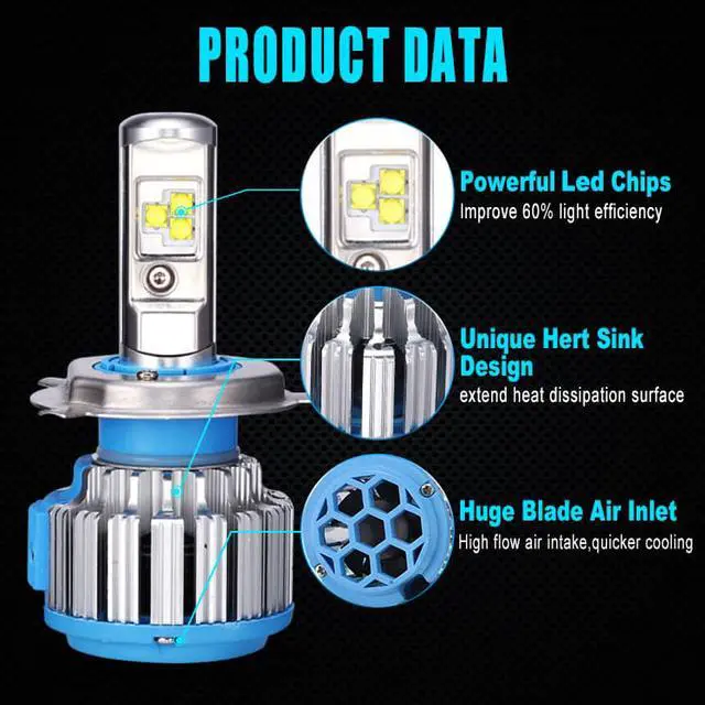 Alt view image 3 of 7 - H4(HB2/9003) Hi/Lo LED Headlight Bulbs Convex LED Chilps 70W 6000K 7200LM High Beam/Low Beam/Fog Lights Cool White Conversion Kit+ Canbus-2 Yr Warranty