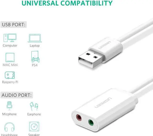 Alt view image 2 of 8 - LUOM USB Audio Adapter External Stereo Sound Card With 3.5mm Headphone And Microphone Jack For Windows, Mac, Linux, PC, Laptops, Desktops, PS4 (White)