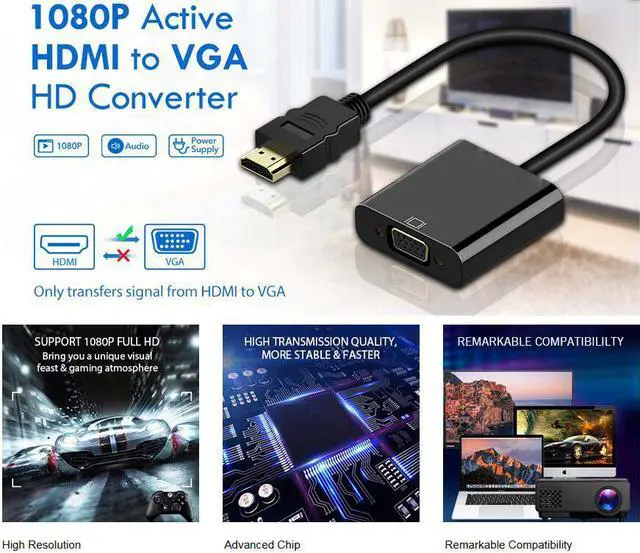 Alt view image 7 of 7 - LUOM Active HDMI to VGA Adapter Converter with 3.5mm Audio Jack up to 1080P Compatible with Raspberry Pi, MacBook, Chromebook, Roku, TV Box, PC, Laptop, More (Black)