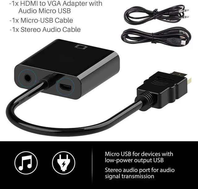 Alt view image 2 of 7 - LUOM HDMI to VGA, Gold Plated High-Speed 1080P Active HDTV HDMI to VGA Adapter Converter Male to Female with Audio and Mirco USB Charging Cable