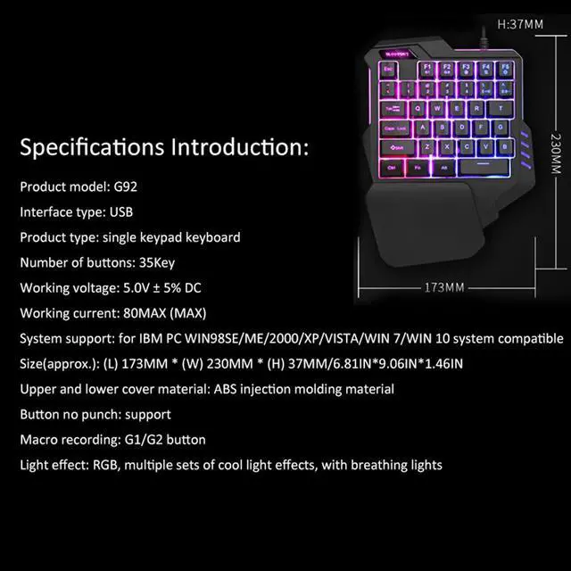 Alt view image 6 of 7 - LUOM Wired Single Hand Gaming Keyboard USB Professional Desktop LED Backlit Mechanical Feel Keyboard Ergonomic with Wirst For Games