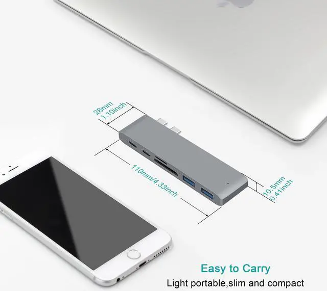 Alt view image 5 of 7 - LUOM Dual USB C Hub, 6 in 1 USB Type C Hub Adapter with 2 USB3.0 Port, Type C Data Transfer SD&TF Card Reader Compatible with 2016/2017 MacBook Pro 13”&15” (Gray)
