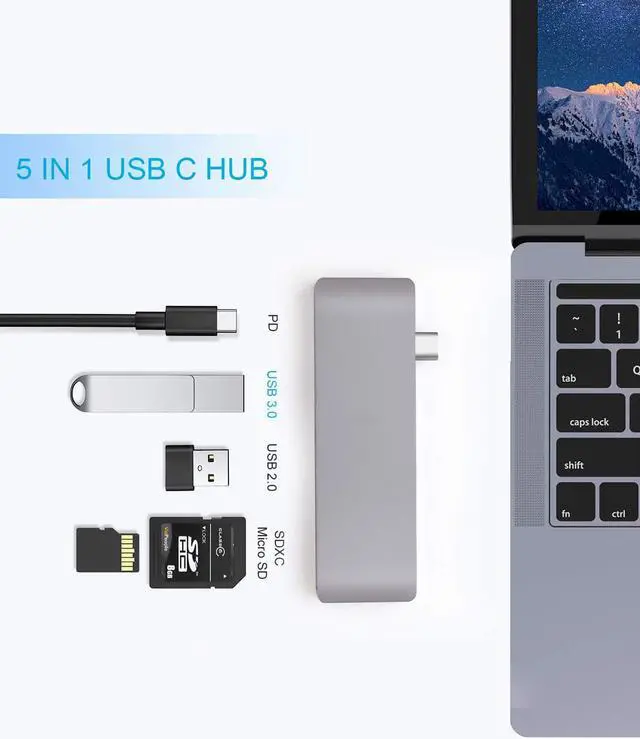 Alt view image 6 of 7 - LUOM USB C Adapter, 5 in 1 Aluminum Adapter with Type C Hub Charger, 2 USB 3.0 Ports, SD/Micro SD Card Reader for 2017/2016 Macbook pro 13" 15", USB C 5Gbps Data, Micro Card Reader -Silver