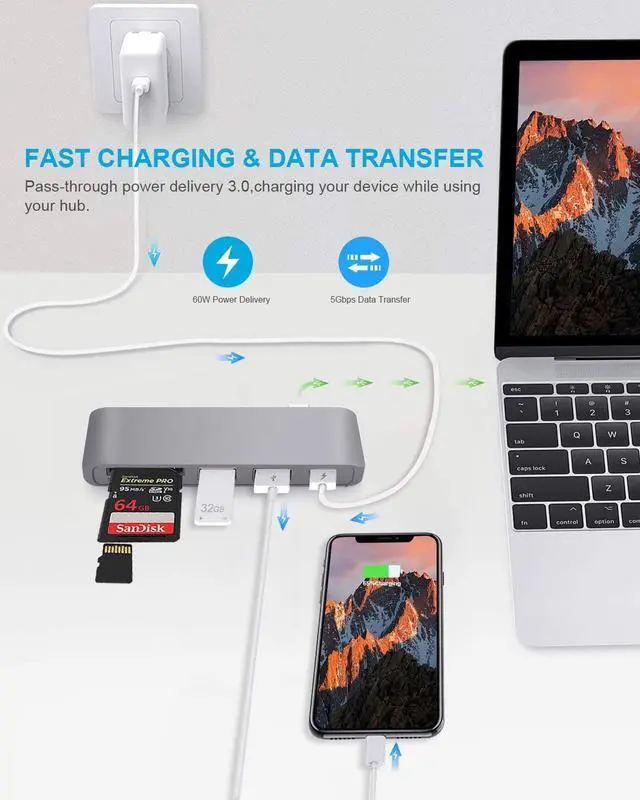 Alt view image 7 of 7 - LUOM USB C Hub Adapter. 5 in 1 Type-C Adapter with Aluminum Shell, SD + Micro SD Card Reader + 2 USB 3.0Port + USB-C Power Delivery Port for MacBook Chromebook Pixel Surface Pro  -Silver