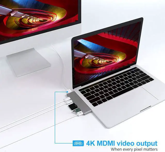 Alt view image 7 of 7 - LUOM Dual USB C Hub Adapter,7-in-2 Aluminum Type-C Pro with Thunderbolt 3(40Gbs),HDMI 4K,USB-C Data,Micro/SD Card Readers,2 x USB 3.0 - Compatible with 2016/2017/2018 MacBook Pro - Silver