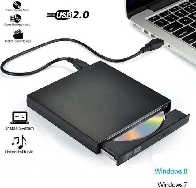 Main image of LUOM CD DVD Drive, USB 2.0 Portable CD DVD +/-RW Player Optical Slim Drive Rewriter Burner for Laptop Desktop PC Windows 2000/XP/Vista/Windows7/Windows8 (Black)