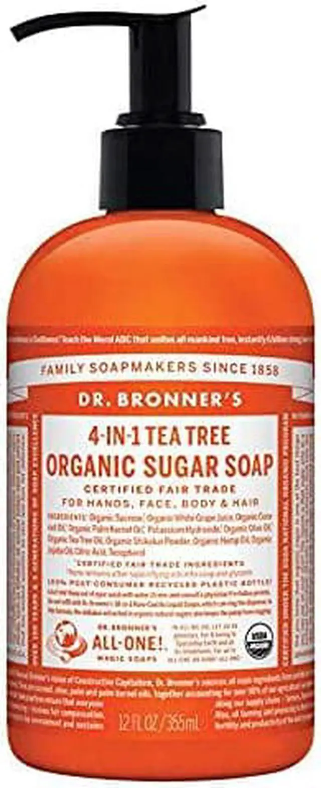 Main image of Sugar Soap in Pump Bottle Moisturizing Soap: Hand Soap, Body Wash, Hair Shampoo & Face Cleanser - Organic Liquid Soap with Essential Oils: Jojoba, Hemp - Tea Tree Soap - 12 Fl OZ Per Pack, Pack of 6