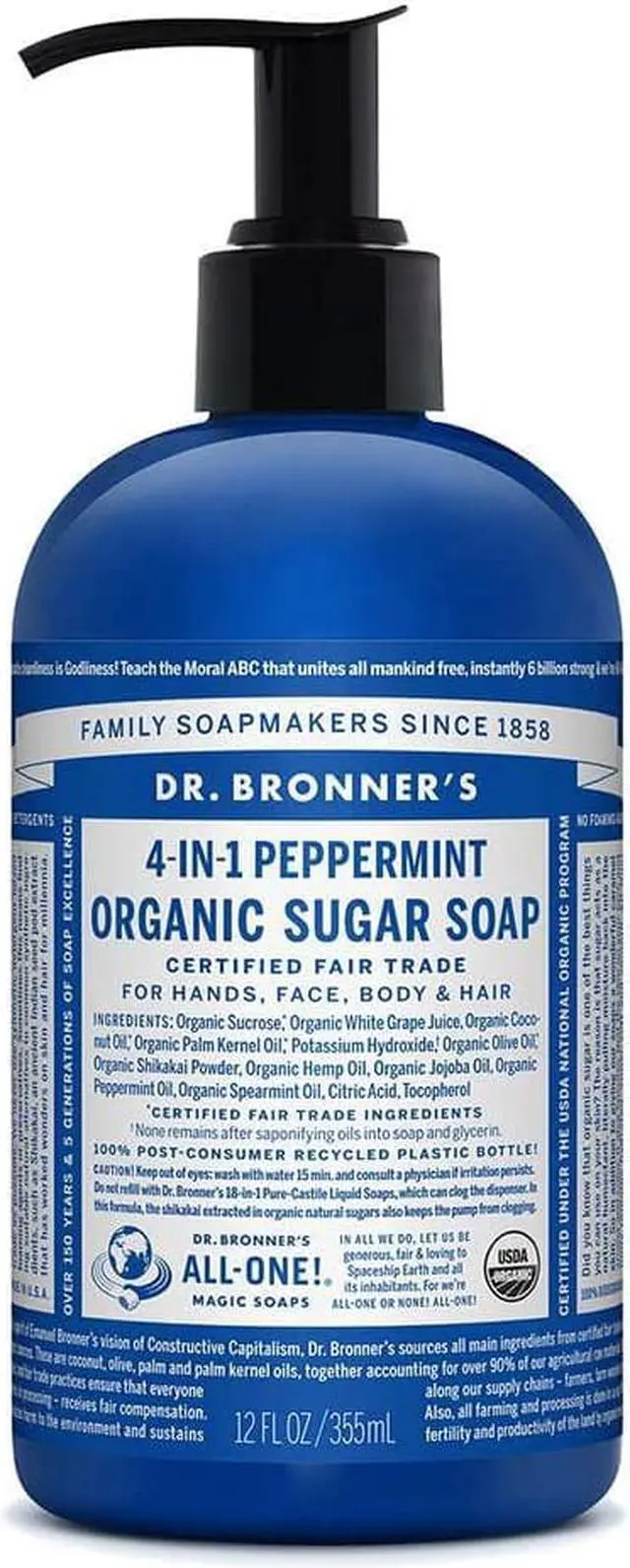 Main image of Organic Sugar Soap (Peppermint, 12 oz) - Made with Organic Oils, Sugar & Shikakai Powder, 4-in-1 Uses: Hands, Body, Face & Hair, Cleanses, Moisturizes & Nourishes, Vegan, Non-GMO - Pack of 2