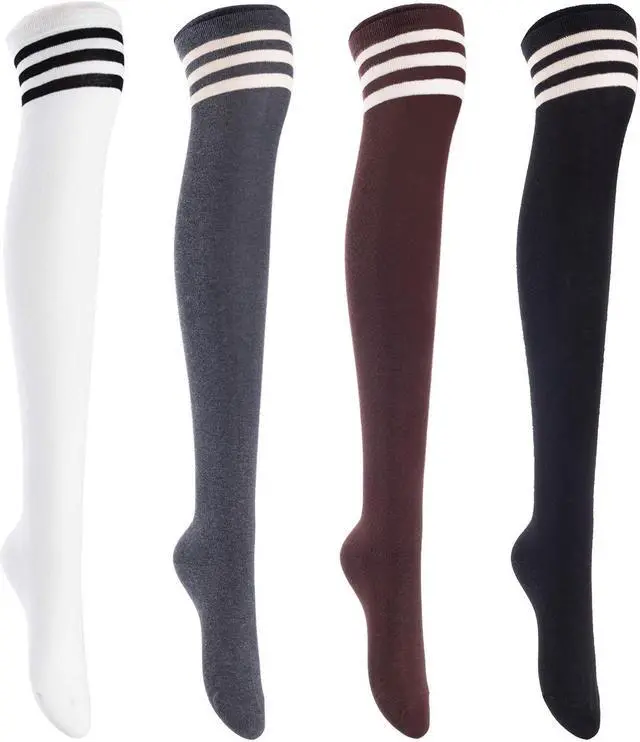 Main image of Lian LifeStyle Big Girls Women's 4 Pairs Exquisite Thigh High Cotton In Vibrant Unique Colors Socks LBG1022 Size 6-9 (Black,Coffee,DarkGrey,White)4c6