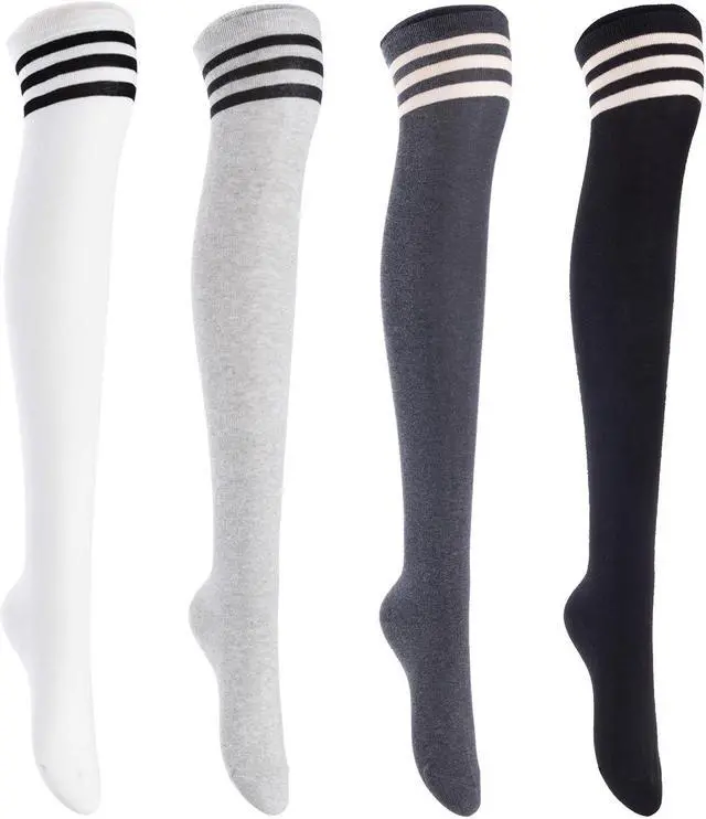 Main image of Lian LifeStyle Big Girls' Women's 4 Pairs Exquisite Thigh High Cotton In Vibrant Unique Colors Socks LBG1022 Size 6-9 (Black,DarkGrey,Grey,White)4c5