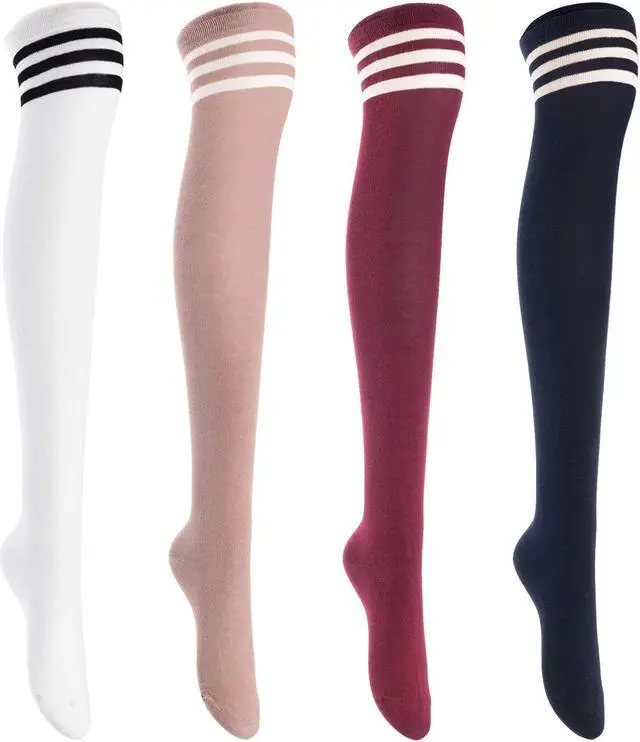 Main image of Lian LifeStyle Big Girls' Women's 4 Pairs Exquisite Thigh High Cotton In Vibrant Unique Colors Socks LBG1022 Size 6-9 (Navy,Wine,Khaki,White)4c3