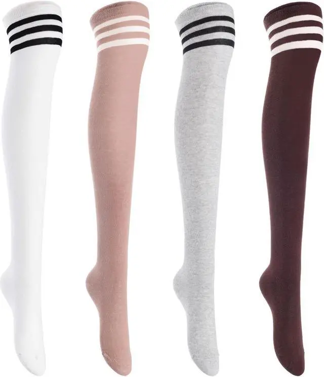 Main image of Lian LifeStyleWomen's 4 Pairs Adorable, Super Comfortable and Ultra-Soft Thigh High Natural Cotton Socks Size 6-9 (Coffee,Grey,Khaki,White) 4c4