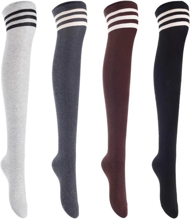 Main image of Lian LifeStyle Big Girls' Women's 4 Pairs Exquisite Thigh High Cotton In Vibrant Unique Colors Socks LBG1022 Size 6-9 (Black,Coffee,DarkGrey,Grey)