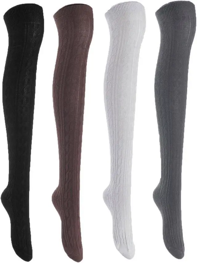 Main image of Lian LifeStyle Women's 4 Pairs Adorable, Super Comfortable and Ultra-Soft Thigh High Cotton Socks LW1024 Size 6-9 (Black,Coffee, Grey, DarkGrey)