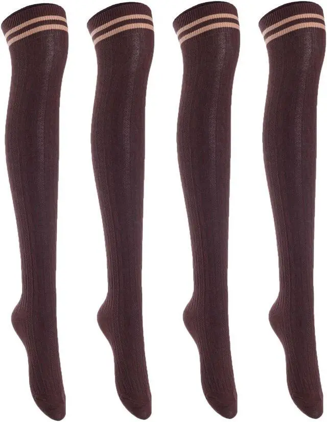 Main image of Lian LifeStyle Women's 4 Pairs Adorable, Fashionable, Super Comfortable and Ultra-Soft Thigh High Natural Cotton Socks LW1023 Size 6-9 (Coffee) 4p1c3
