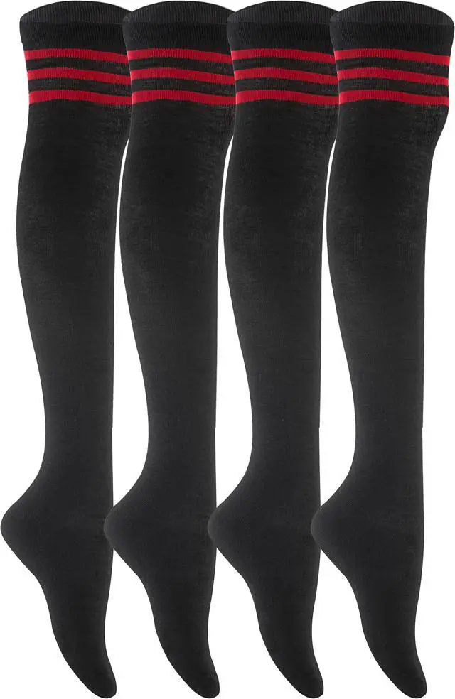 Main image of Lian LifeStyle Women's 4 Pairs Adorable, Fashionable and Ultra-Soft Thigh High Cotton Socks for everyday relaxed feet RX Size 6-9 (Red Strip)