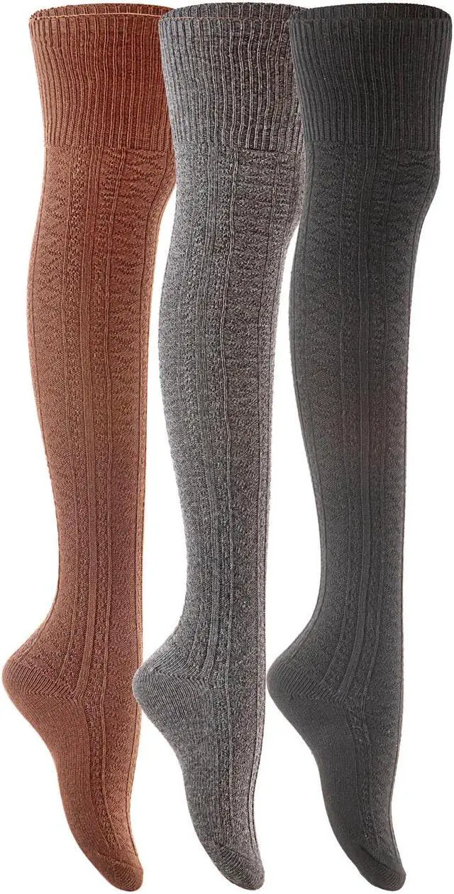Main image of Lian LifeStyle Women's 3 Pairs Adorable, Super Comfortable and Ultra-Soft Thigh High Cotton Natural Socks L1025-07 Size 6-9 (Coffee,DarkGrey,Black)