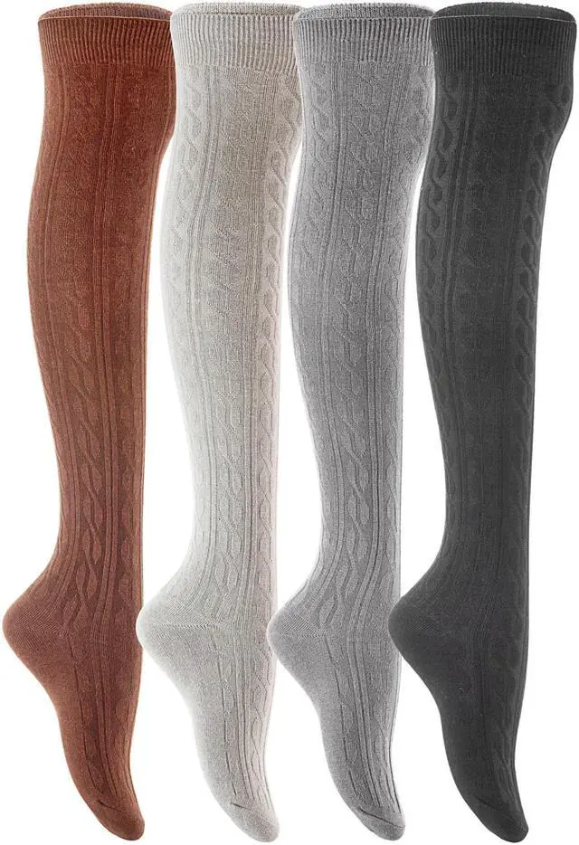 Main image of Lian LifeStyle Women's 4 Pairs Adorable, Super Comfortable and Ultra-Soft Thigh High Cotton Socks L1024 Size 6-9 4C-03(Black,Coffee,Grey,DarkGrey)