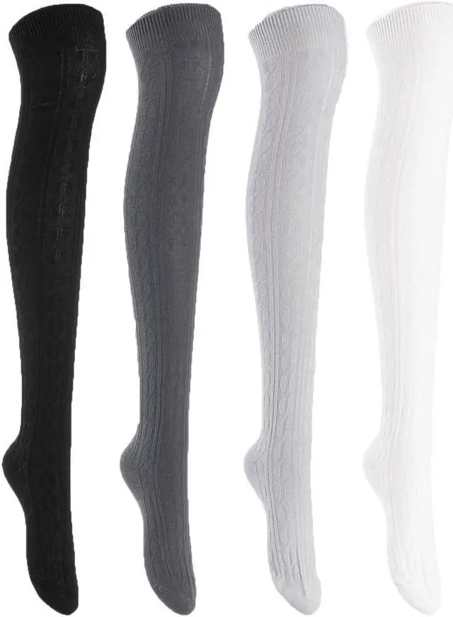 Main image of Lian LifeStyle Women's 4 Pairs Adorable, Super Comfortable and Ultra-Soft Thigh High Cotton Socks L1024 Size 6-9 4C-07(Black,Dark Grey,Grey,CreamWhite)