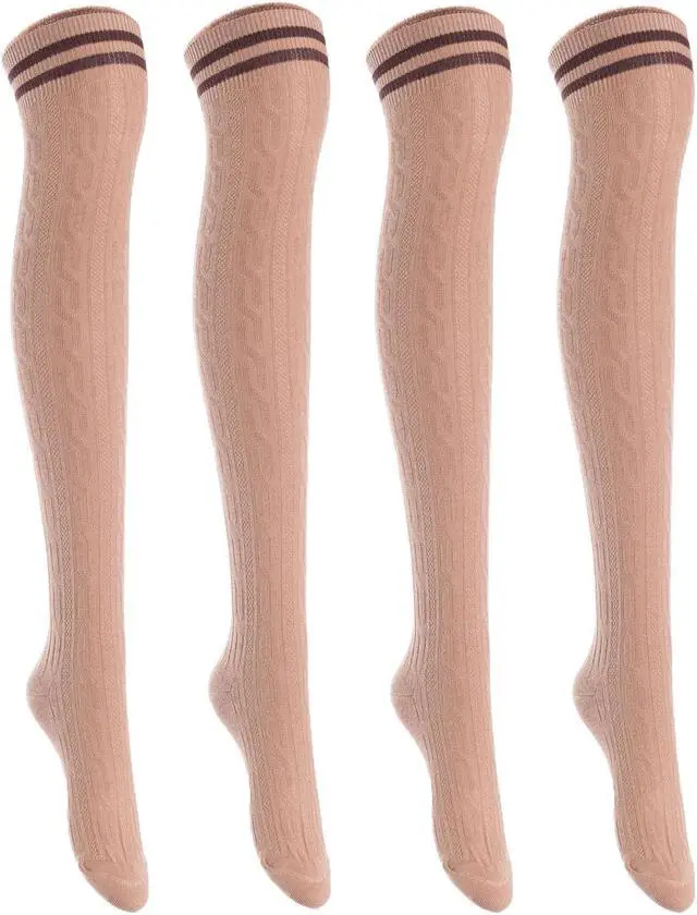 Main image of Lian LifeStyle Big Girls' Women's 4 Pairs Exquisite, Super Comfortable Thigh High Cotton Socks In Vibrant Unique Color Size 6-9 L1023 (Khaki)