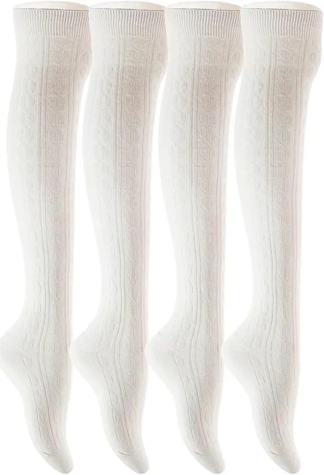 Main image of Lian LifeStyle Women's 4 Pairs  Adorable, Fashionable,  Super Comfortable and Ultra-Soft Thigh High Natural Cotton Socks L1024 Size 6-9 (White)