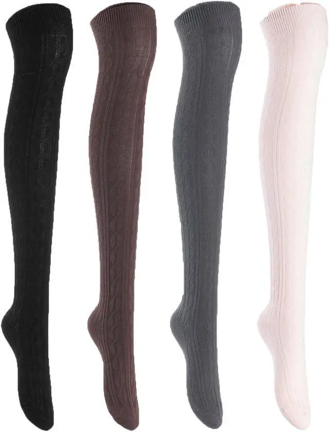 Main image of Lian LifeStyle Big Girls' Women's 4 Pairs Exquisite Thigh High Cotton Socks In Vibrant Unique Color LBG1024 Size 6-9(Black,Coffee,Dark Grey, Beige)