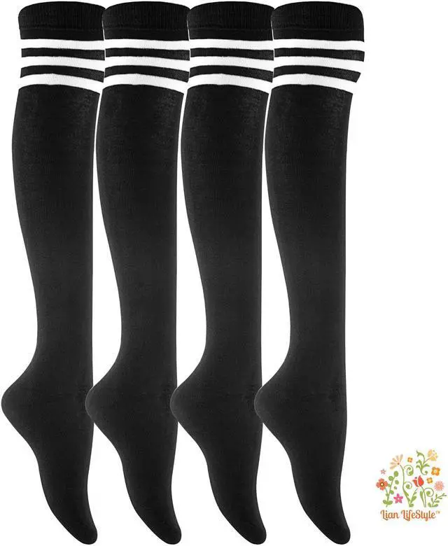 Main image of Lian LifeStyle Women's 4 Pairs Adorable, Fashionable and Ultra-Soft Thigh High Cotton Socks for everyday relaxed feet LWRX Size 6-9 (White Strip)