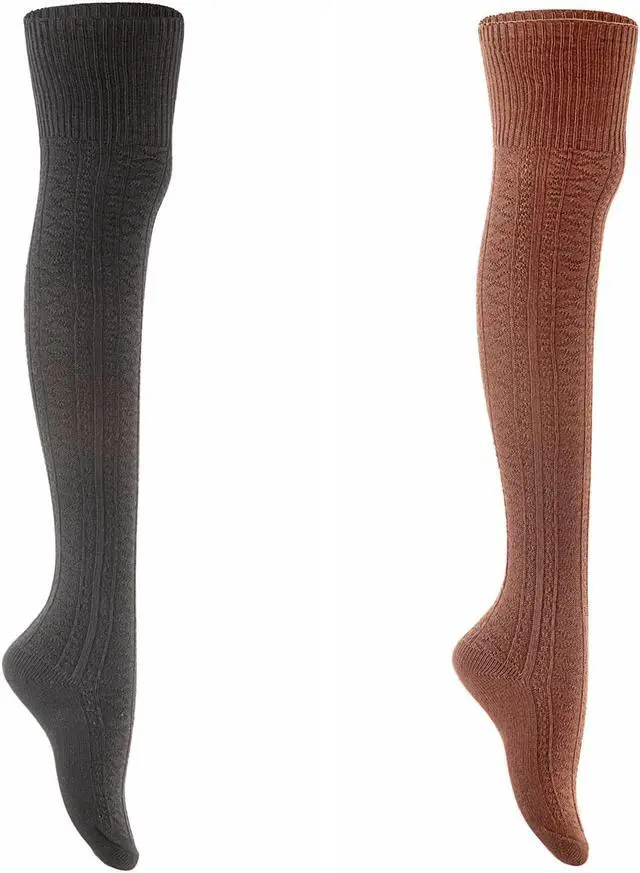 Main image of Lian LifeStyle Women's 2 Pairs Super Comfortable And Fashionable Thigh High Cotton Socks for everyday relaxed feet LW1025 Size 6-9 (Black+Coffee)