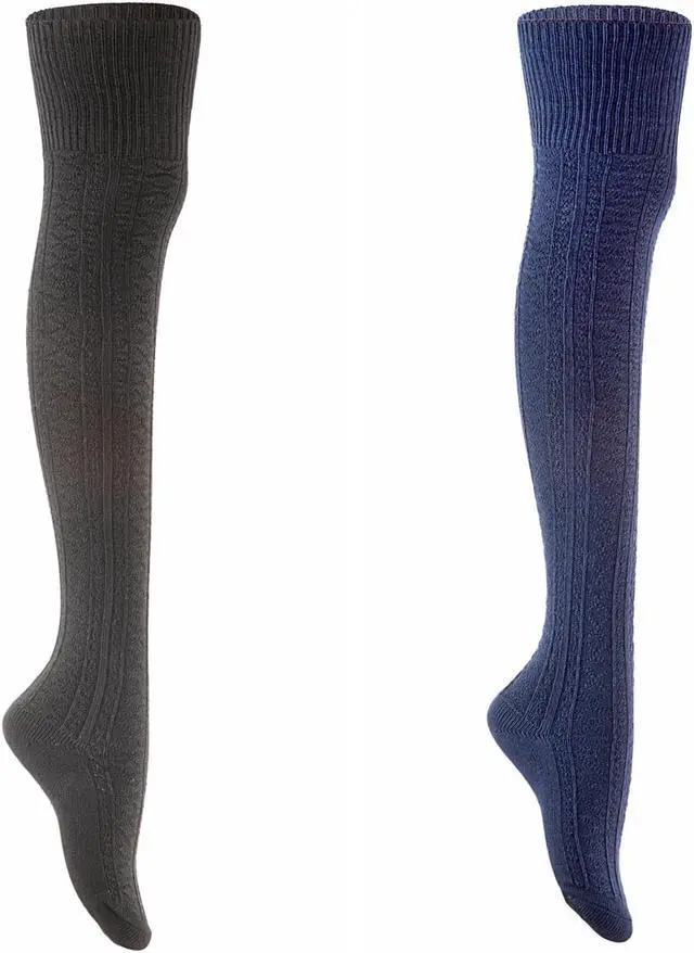 Main image of Lian LifeStyle Women's 2 Pairs Super Comfortable And Fashionable Thigh High Cotton Socks for everyday relaxed feet LW1025 Size 6-9 (Black+Navy)