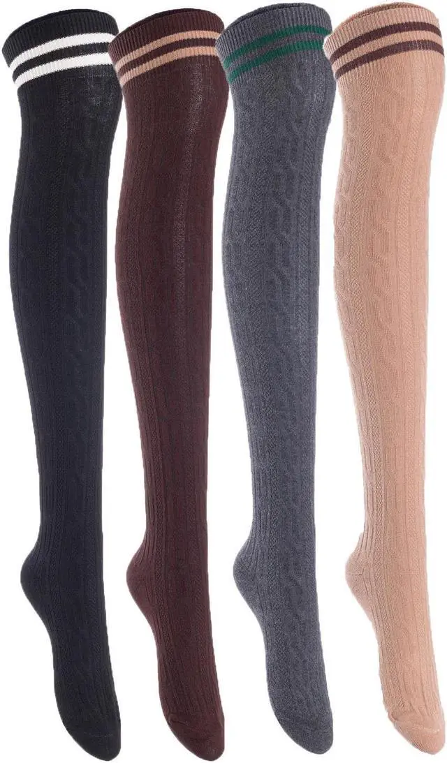 Main image of Lian LifeStyle Women's 4 Pairs Adorable, Super Comfortable and Ultra-Soft Thigh High Cotton Socks Size 6-9 LW1023 (Black,Coffee,DarkGrey,Khaki)
