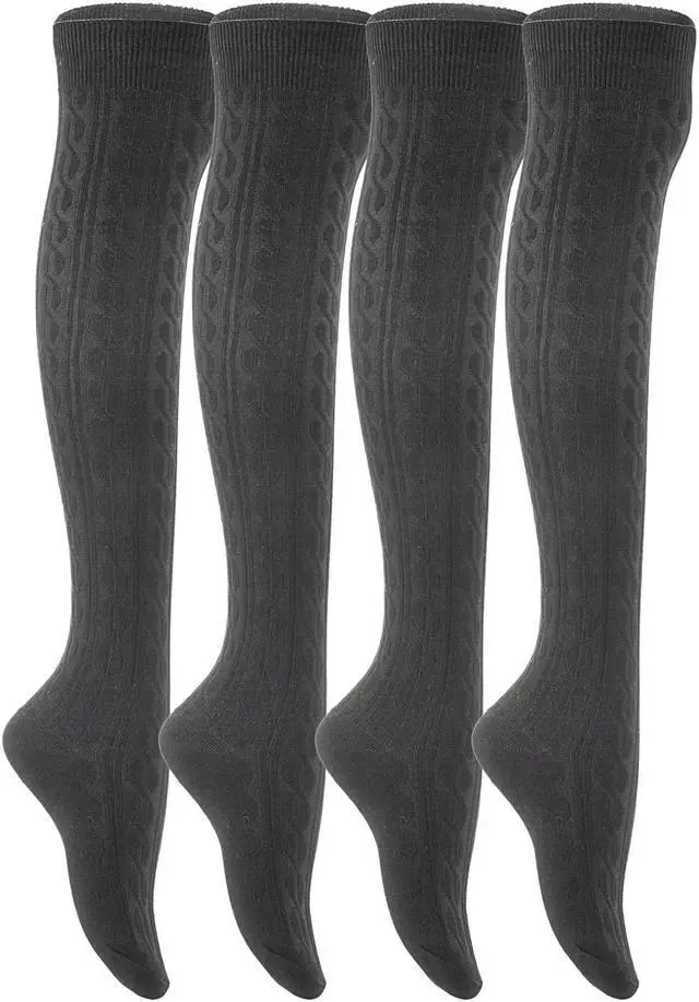 Main image of Lian LifeStyle Big Girls' Women's 4 Pairs Exquisite Thigh High Cotton Socks In Vibrant Unique Color LBG1024 Size 6-9 (Black,Dark Grey,Grey,CreamWhite)