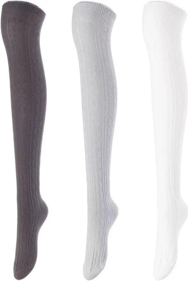 Main image of Lovely Annie Women's 3 Pairs Incredible Durable Super Soft Unique Over Knee High Thigh High Cotton Socks Size 6-9 A1024 (Dark Grey,Grey,Cream)