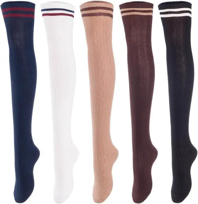 Main image of Lovely Annie Women's 5 Pairs Incredible Durable Super Soft Unique Over Knee High Thigh High Cotton Socks Size 6-9 A1023(Black,Coffe,Khaki,Wite,Navy)