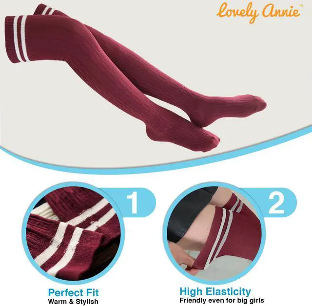 Alt view image 5 of 6 - Lovely Annie Big Girl's Women's 3 Pairs Incredible Durable Super Soft Unique Over Knee High Thigh High Cotton Socks Size 6-9 A1023(Wine)