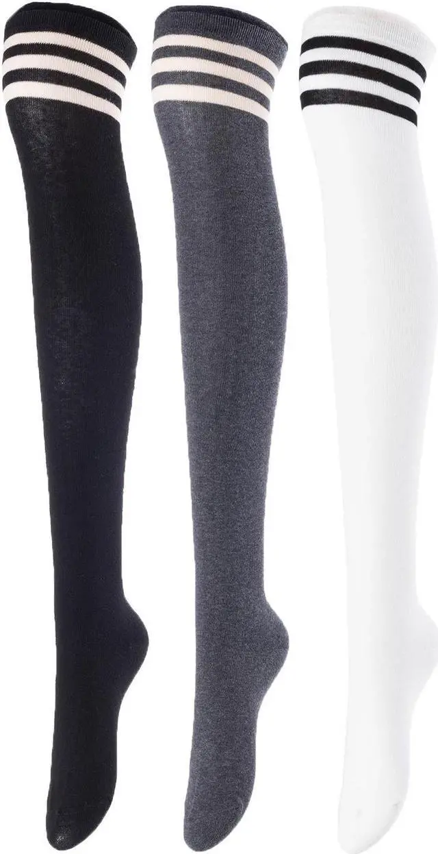 Main image of Lovely Annie Big Girl's Women's 3 Pairs Incredible Durable Super Soft Unique Over Knee High Thigh High Cotton Socks Size 6-9 A1022(Black,DG,White)