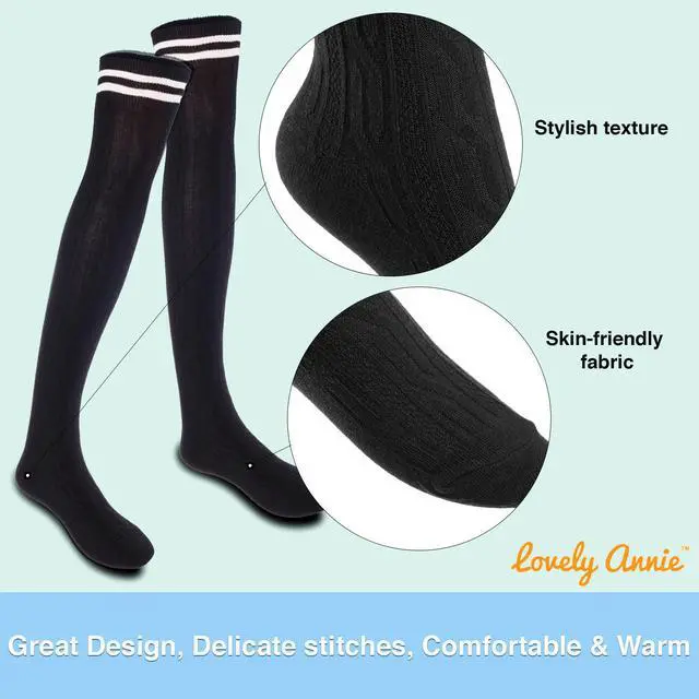 Alt view image 5 of 7 - Lovely Annie Women's 3 Pairs Incredible Durable Super Soft Unique Over Knee High Thigh High Cotton Socks Size 6-9 A1023(Black,DarkGrey,Kakhi)