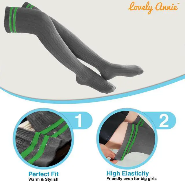 Alt view image 5 of 7 - Lovely Annie Big Girl's Women's 3 Pairs Incredible Durable Super Soft Unique Over Knee High Thigh High Cotton Socks Size 6-9 A1023(DG,Coffee,White)