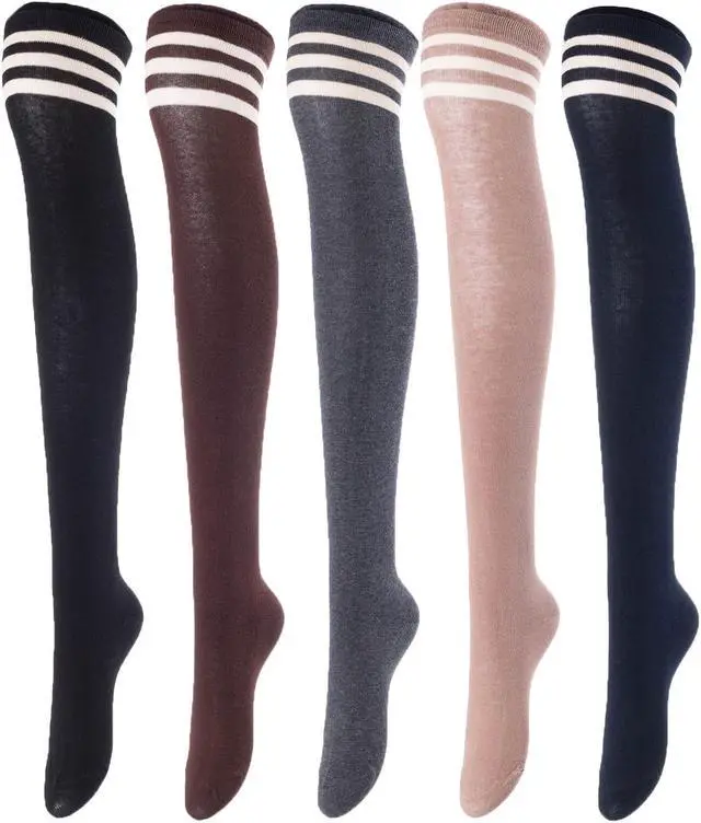 Main image of Lovely Annie Big Girls Womens 5Pairs Incredible Durable Super Soft Unique Over Knee High Thigh High Cotton Socks Size 6-9 A1022(Blk,Cof,DG,Kaki,Nvy)