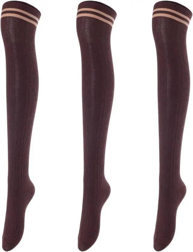 Main image of Lovely Annie Big Girl's Women's 3 Pairs Incredible Durable Super Soft Unique Over Knee High Thigh High Cotton Socks Size 6-9 A1023(Coffee)
