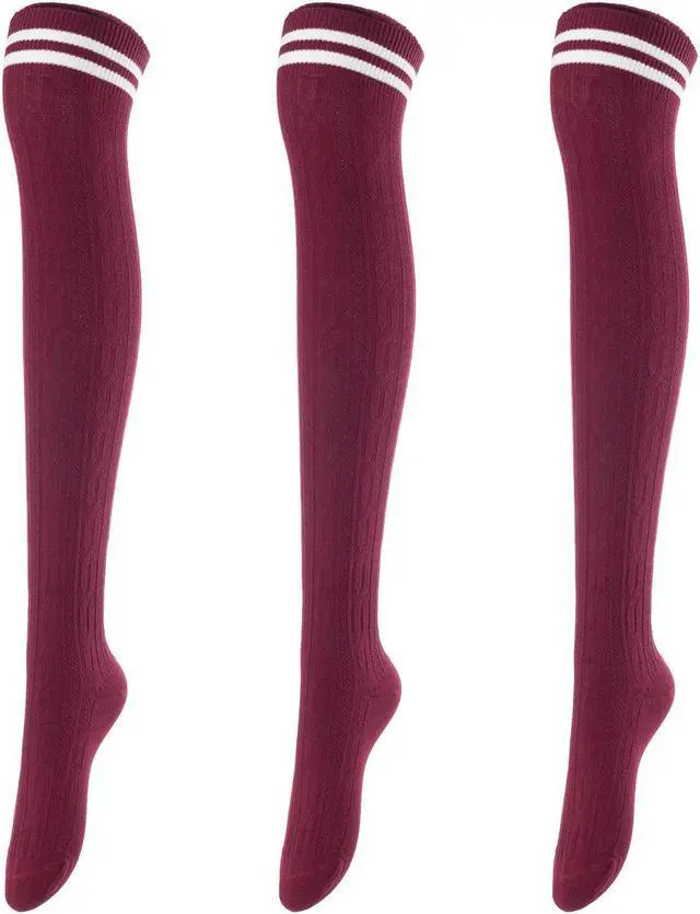 Main image of Lovely Annie Big Girl's Women's 3 Pairs Incredible Durable Super Soft Unique Over Knee High Thigh High Cotton Socks Size 6-9 A1023(Wine)