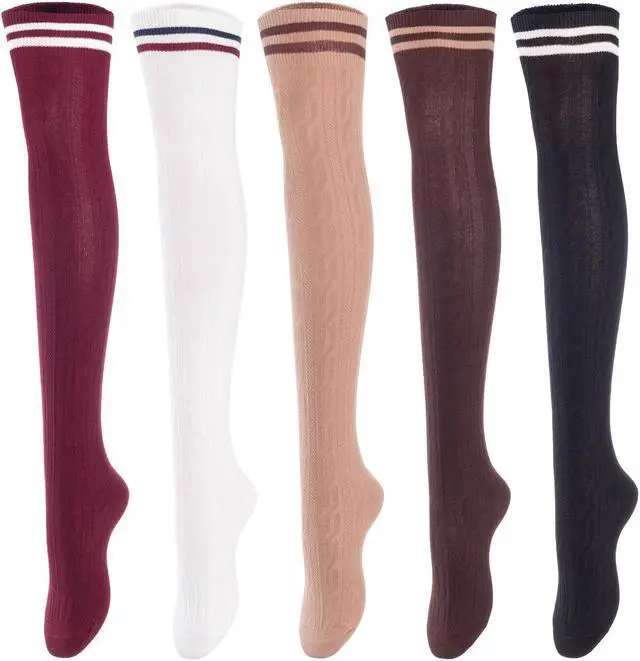 Main image of Lovely Annie Big Girl's Women's 5 Pairs Incredible Durable Super Soft Unique Over Knee High Thigh High Cotton Socks Size 6-9 A1023(Blk,Cof,Kaki,Wite,Wine)