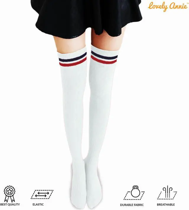 Alt view image 7 of 7 - Lovely Annie Big Girl's Women's 5 Pairs Incredible Durable Super Soft Unique Over Knee High Thigh High Cotton Socks Size 6-9 A1023(Blk,Kaki,Wite,Nvy,Wine)