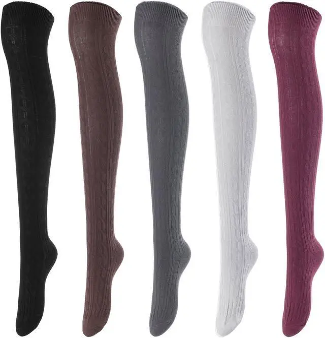 Main image of Lovely Annie Women's 5 Pairs Incredible Durable Super Soft Unique Over Knee High Thigh High Cotton Socks Size 6-9 A1024(Black,Coffee,Grey,DG,Wine)