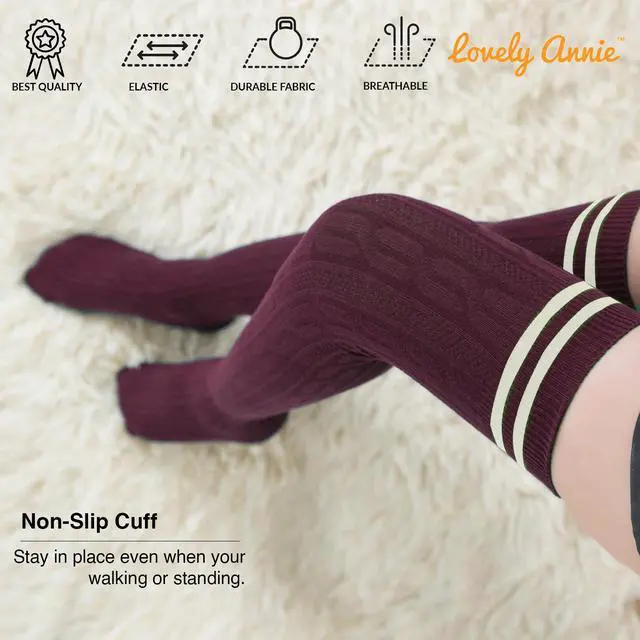 Alt view image 7 of 7 - Lovely Annie Big Girl's Women's 3 Pairs Incredible Durable Super Soft Unique Over Knee High Thigh High Cotton Socks Size 6-9 A1023(Black,Coffee,Wine)