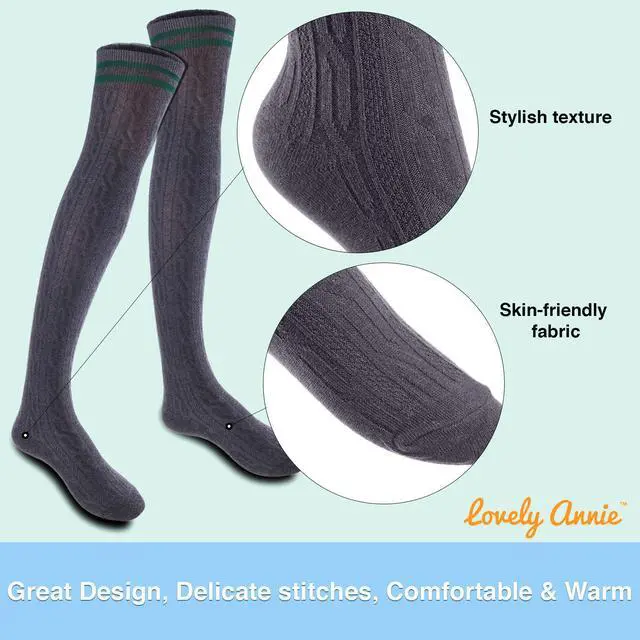 Alt view image 6 of 7 - Lovely Annie Big Girl's Women's 3 Pairs Incredible Durable Super Soft Unique Over Knee High Thigh High Cotton Socks Size 6-9 A1023(DG,Coffee,White)