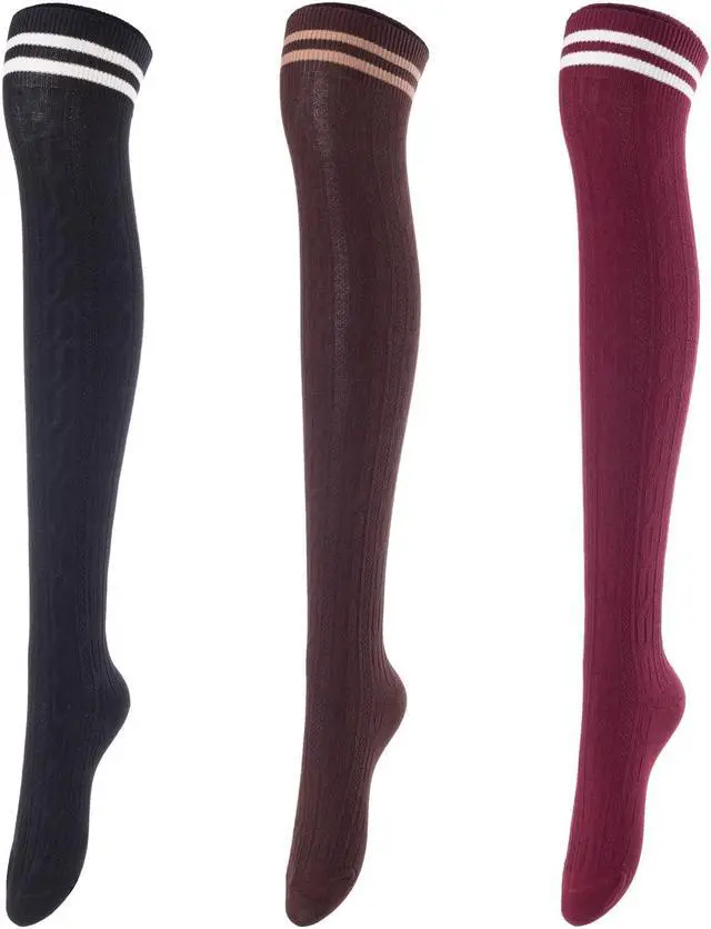 Main image of Lovely Annie Big Girl's Women's 3 Pairs Incredible Durable Super Soft Unique Over Knee High Thigh High Cotton Socks Size 6-9 A1023(Black,Coffee,Wine)