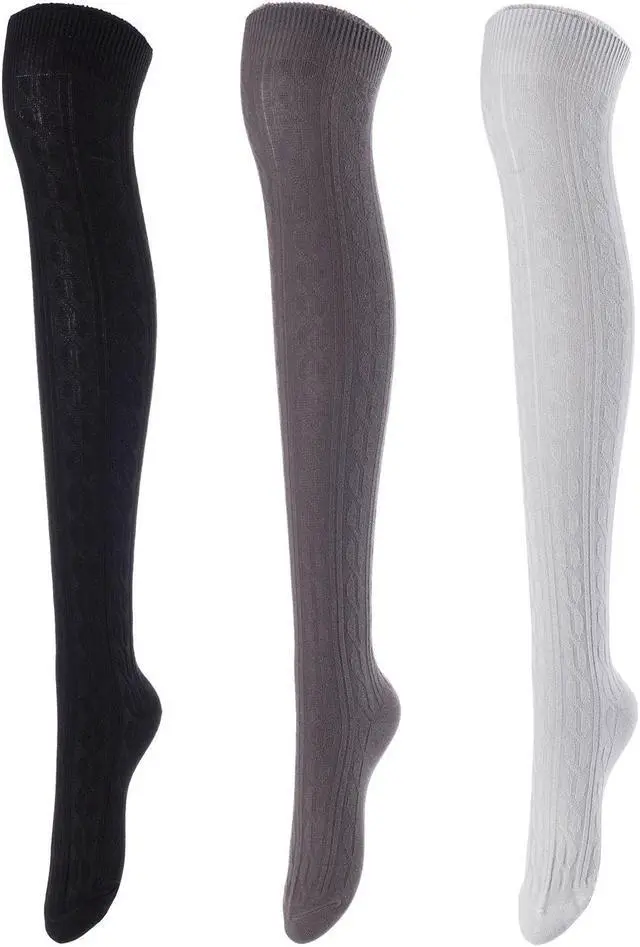 Main image of Lovely Annie Women's 3 Pairs Incredible Durable Super Soft Unique Over Knee High Thigh High Cotton Socks Size 6-9 A1024 (Black,Dark Grey,Grey)